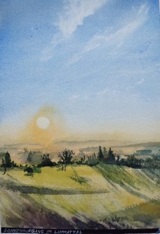 Sonnenaufgang im Limmattal ,Schweiz, 31 x 23 cm, Aquarell auf Baumwollpapier