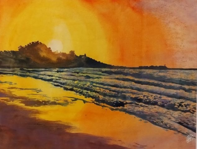 Sonnenuntergang am Meer, 35,6 x 27,9 cm, Aquarell auf Papierkarton