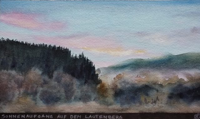 Sonnenaufgang auf dem Lautenberg, 36 x 26 cm, Aquarell auf Baumwollpapier