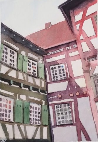 Fachwerkskunst in Bietigheim, 25 x 35 cm, Aquarell auf Baumwollpapier
