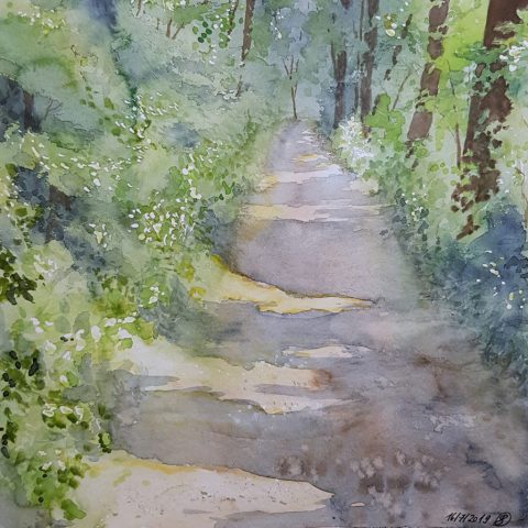Wald zwischen Kersbach und Poxdorf, Fränkische Schweiz, Aquarell auf Aquarellpapier