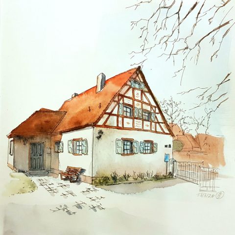 Bibliothek Poxdorf, Aquarell und Tusche auf Papier