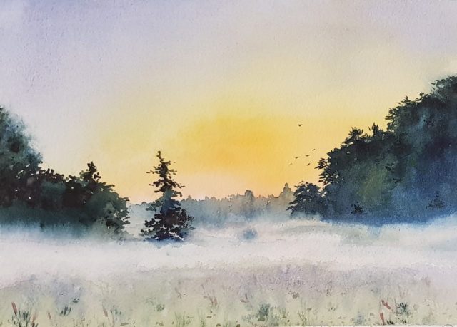 [Nicht verfügbar] Sonnenaufgang, Aquarell auf Baumwollpapier