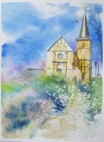 Kirche in Hetzles, 23 x 31 cm, Aquarell auf Baumwollpapier