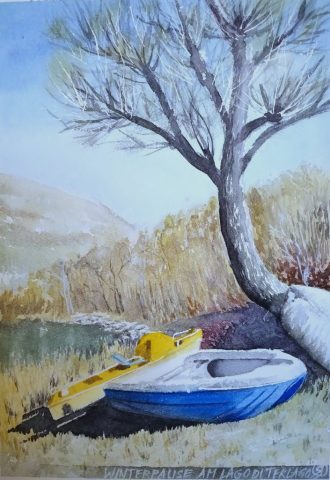Winterpause am Lago di Terlago, 24 x 35 cm, Aquarell auf Baumwollpapier
